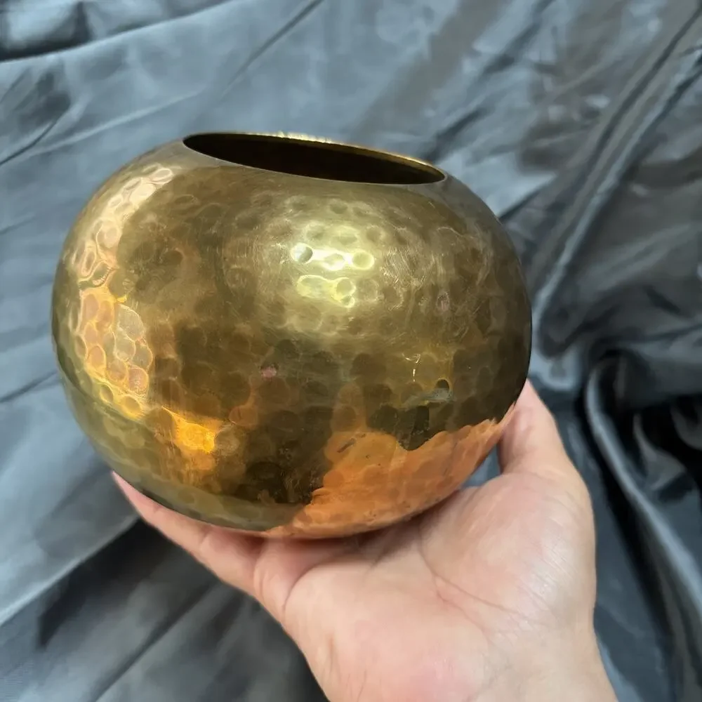 Vintage Hammered Brass Metal Ball Vase Planter Mid Century Modern India Made 5”